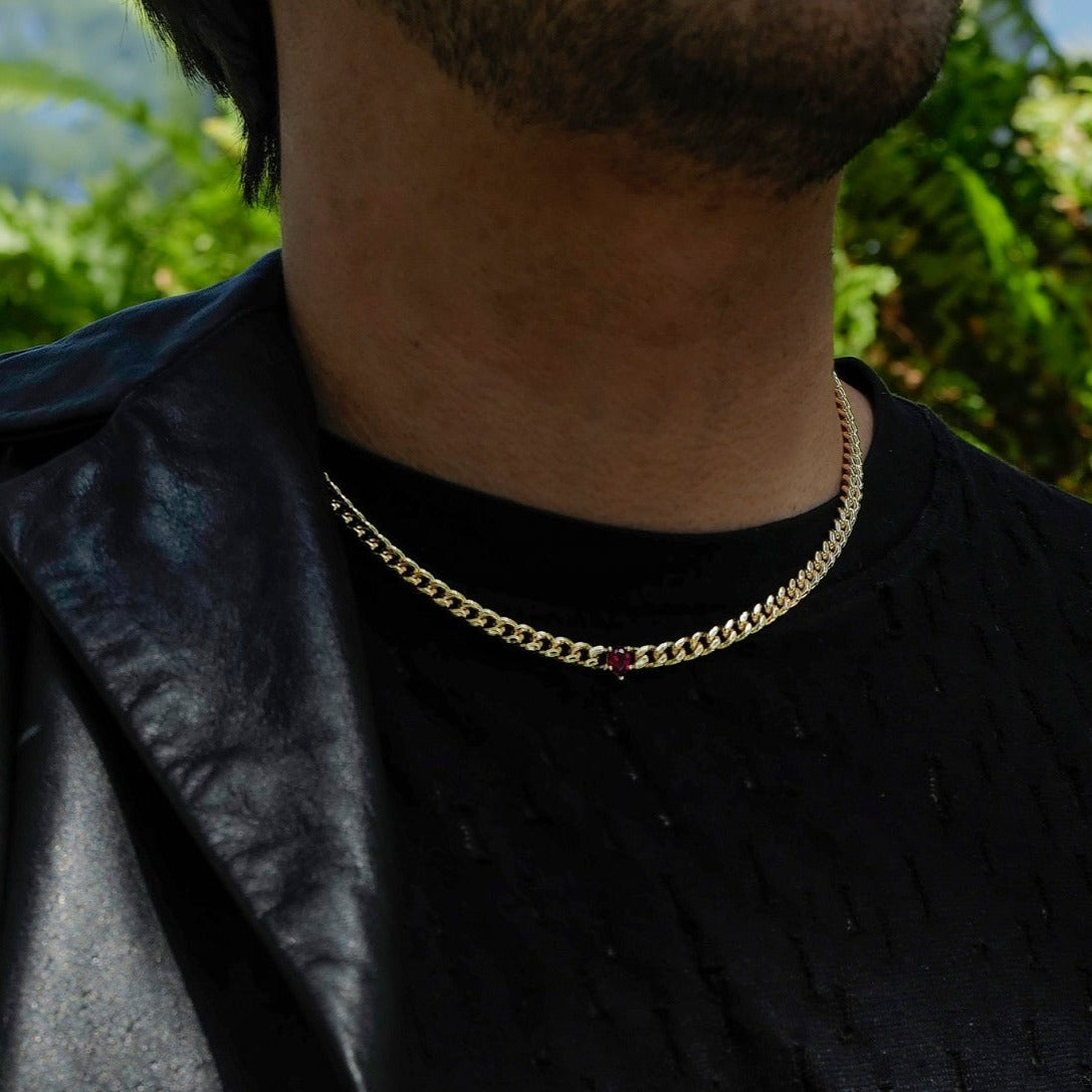Red Ruby Accent Cuban Chain Necklace